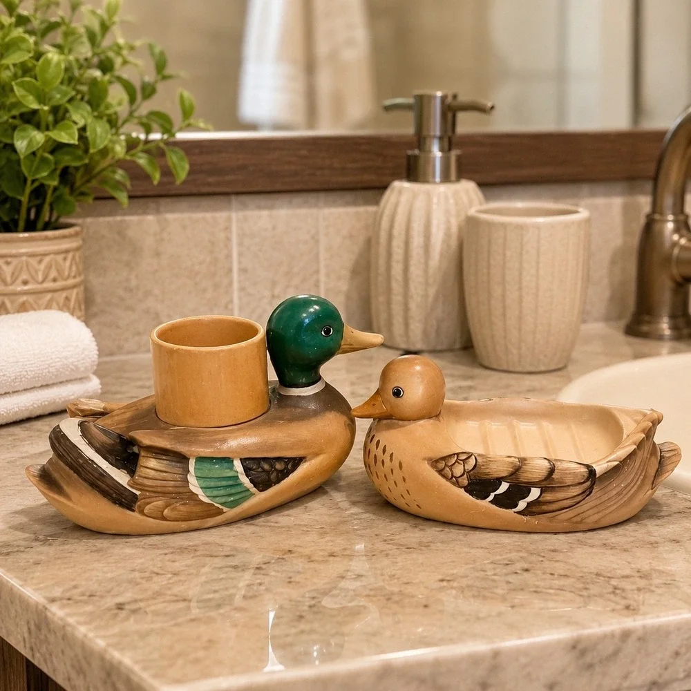 Vintage Ceramic Mallard Duck Bathroom Set Toothbrush Holder and Soap Dish 2pc
